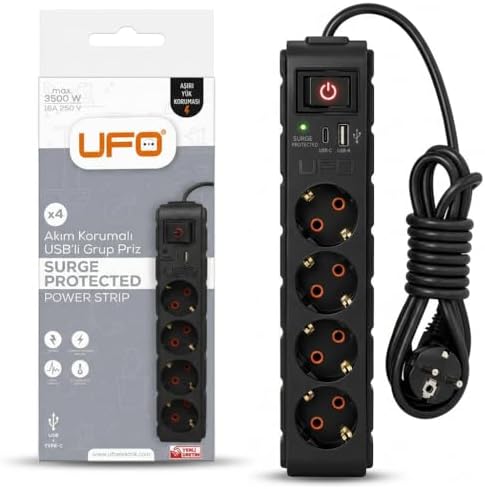 Alternative view of Yeni 4lü Akım Korumalı Grup Priz 1,5 Metre Bakır Kablolu, 5V 2,4A USB ve Type-C ile Şarj, Anahtarlı Topraklı Priz, Sürekli Koruma, 16A 250V, Max 3500W Aşırı Yük Koruması, 1,5m. Siyah renk