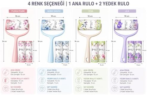 Tüy Toplama Rulosu Seti – 1 Ana Rulo + 2 Yedek Rulo, Güçlü Yapışkanlı Temizlik Rulosu, Kıyafet Koltuk Halı Temizleme (Yeşil)