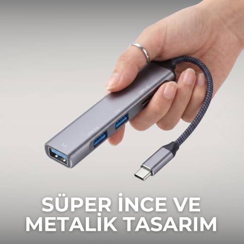 Alternative view of Type-C to USB Hub - 4 Portlu Alüminyum Çoklayıcı Dönüştürücü, Macbook, Laptop ve Telefon Uyumlu Tak Çalıştır Taşınabilir Çoklayıcı Adaptör (Gri)