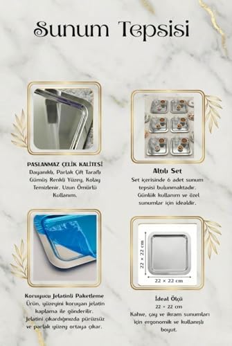 6'lı Lüks Paslanmaz Çelik Kare Sunum Tepsisi Seti - Gold ve Gümüş Seçenekli-Kahve Yanı İkramlık, Lokumluk, Dekoratif Takı Tabağı ve Bardak Altlığı (Gümüş) - Görsel 2