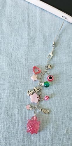 Çok Renkli Telefon Askısı, Gümüş Zincir, Kaplumbağa ve Kedi Figürlü, Nazar Boncuklu, Pembe Aksesuarlı Charm - Görsel 3