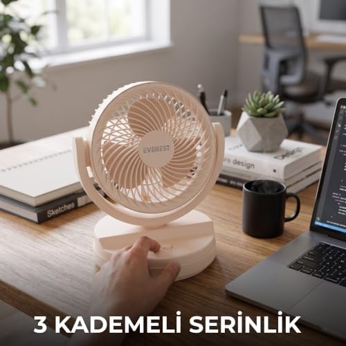 Airx USB Masaüstü Fan - 7 İnç Sessiz Mini Vantilatör, 90 Derece Ayarlanabilir Açılı 3 Kademeli Güçlü Hava Sirkülasyonlu Kablolu Masa Fanı (Krem) - Görsel 3