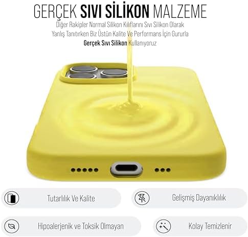 iPhone Kılıf İnce Sıvı Silikon 3 Katmanlı Tam Kaplamalı Yumuşak Jel Kauçuk Kılıf Kapak, Sarı (iPhone 15 Pro Max 26)