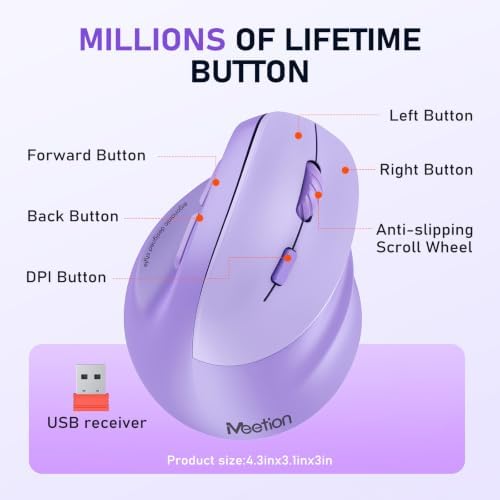 Alternative view of MEETION Ergonomik fare, kablosuz dikey fare RGB arkadan aydınlatmalı şarj edilebilir fare, Bluetooth (5.2 + 3.0) ve USB-A USB-C adaptörlü 4 ayarlanabilir DPI uyumlu Mac/Windows/Andriod/PC/Tablet/iPad