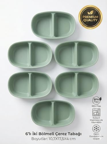 6'lı İki Bölmeli Çerez Tabağı Seti - 17.5 cm Kırılmaz Plastik Çerezlik ve Mezelik - BPA İçermez, Derin Dondurucuya Uygun (Yeşil/Gri) - Görsel 3