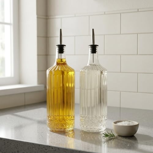 Alternative view of 2'li Pure Model Şeffaf Cam Yağdanlık Seti - Optikli (Çizgili) Tasarım, Paslanmaz Akıtmaz Uçlu Yağ ve Sirke Şişesi (750 ml x 2 Adet)