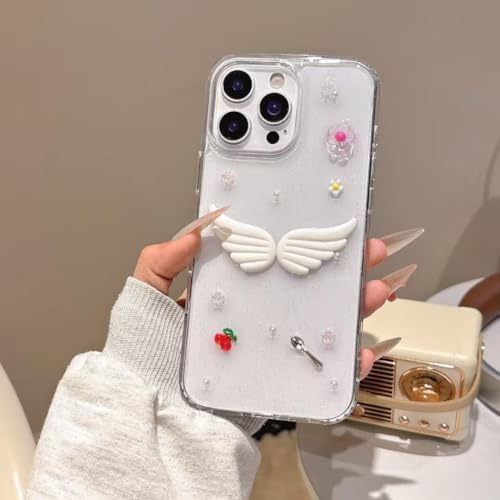 Alternative view of 3D Melek Kanatlı Çiçekli Şeffaf Simli iPhone 15 Plus / 14 Plus Uyumlu Kılıf – Kamera Korumalı, Darbe Emici Silikon