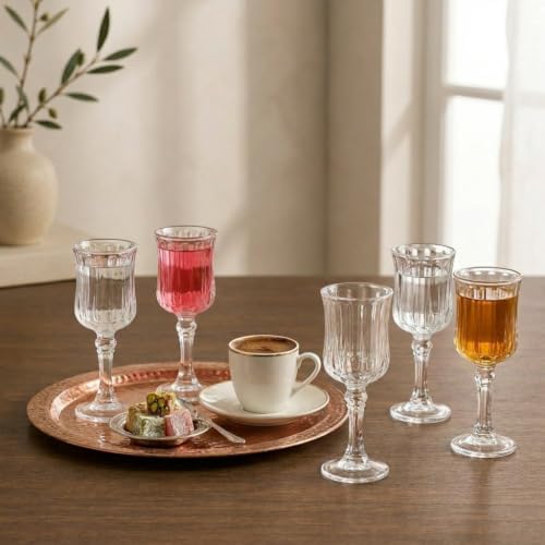 6'lı Çizgili (Fitilli) Ayaklı Cam Kadeh Seti - 70 ml Türk Kahvesi Yanı Su, Şerbet ve Likör Bardağı, Lüks Sunum Kadehi - Görsel 3