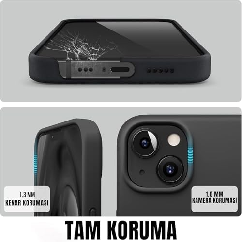 iPhone 13/14 ile Uyumlu Lansman Silikon Kılıf, Kamera Korumalı Kadife İç Astarlı Esnek ve Darbe Emici Mat Siyah Kapak - Görsel 3