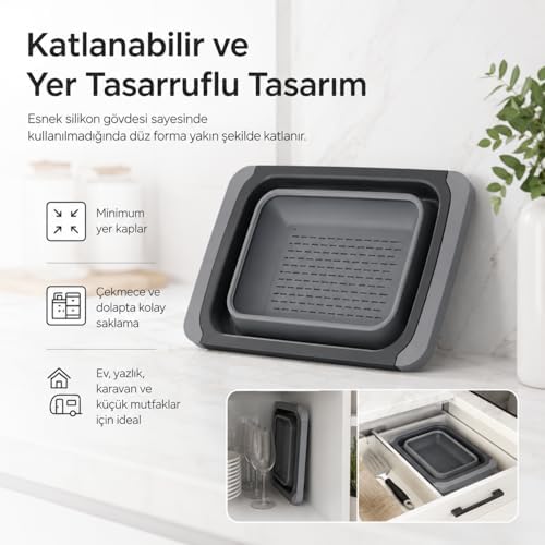 Ayarlanabilir Katlanır Lavabo Süzgeci, 6,3 Litre, Plastik ve Silikon, Aç Kapa Mutfak İçin Tezgah Üstü Pratik Sürgülü Süzgeç, Gıda İle Temasa Uygun, BPA İçermez