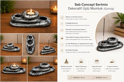 Seb Concept Sertmix Dekoratif Üçlü Mumluk (Gümüş)