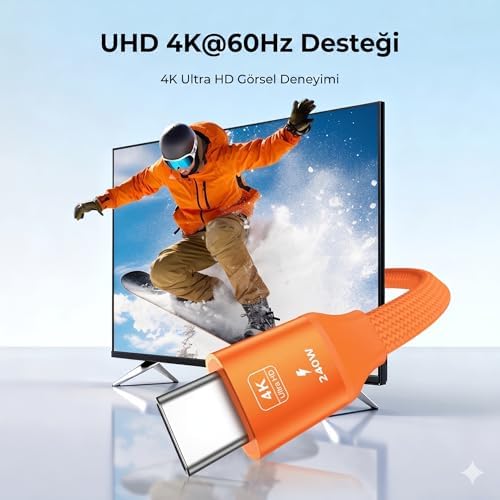 Manyetik Turuncu 240w 20Gbps Type-C to Type-C Hızlı Şarj, Görüntü ve Veri Aktarım Kablosu, iPhone, iPad, MacBook, Galaxy uyumlu - Görsel 2