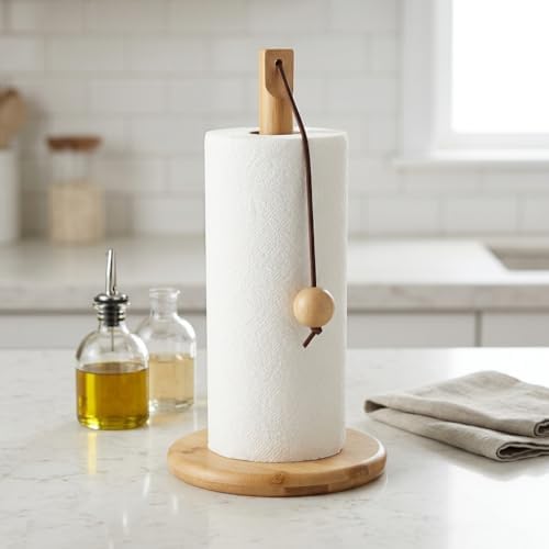 Doğal Bambu Bohem Top Tutacaklı Kağıt Havluluk - Dekoratif Ahşap Stand (30x14 cm, Kahve ve Bambu Renk Seçenekli, 1 Adet) (DOĞAL)