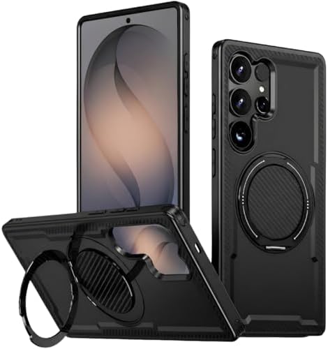 [Hyper-Fusion]  Galaxy S26 Ultra için Kılıf 360° Döndürülebilir Yüzük Stantlı Manyetik [MagSafe ile Uyumlu] S26 Ultra Koruyucu Karbon Fiber Detaylı  S26 Ultra Kılıfı (Siyah)