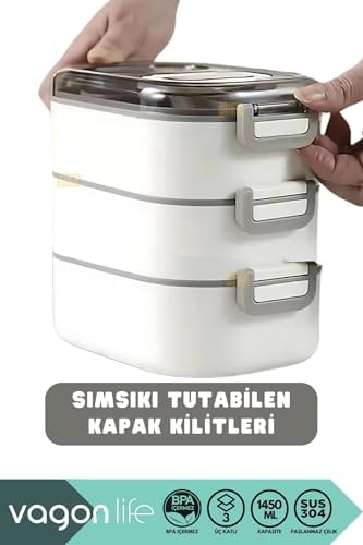 1450ml Lunchbox Üç Katlı 5 Bölmeli ve Mini Sosluklu Çelik Sefer Tası Yemek Kutusu (Lacivert)
