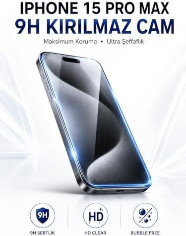 iPhone 15 Pro Max ile Uyumlu 9H Kırılmaz Cam Ekran Koruyucu, Temperli Cam, Şeffaf, Parlak, 6.7 inç - Görsel 3