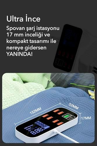 Spovan Led Ekranlı 8 Port Masaüstü Duvar Seyahat Type C USB 40W Şarj İstasyonu Adaptörü - Görsel 3