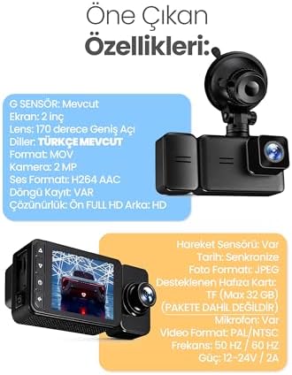 3 Kameralı Wifi Ekran Araç Kamerası FullHD Geniş Ön + Arka + Araç İçi Kamera Hareket Sensörü EF1313