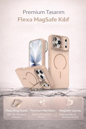 iPhone 17 Pro Max ile Uyumlu kilif MagSafe ile uyumlu Kılıf Stand Özellikli Mıknatıslı Flexa Yüzük Tutuculu IPHONE 17 PRO MAX için KILIF Darbe Emici Mat Arka Kapak Koruyucu Kılıf Beyaz - Görsel 3