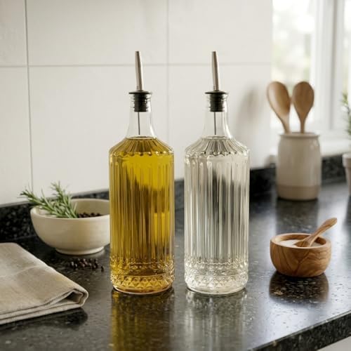 2'li Pure Model Şeffaf Cam Yağdanlık Seti - Optikli (Çizgili) Tasarım, Paslanmaz Akıtmaz Uçlu Yağ ve Sirke Şişesi (750 ml x 2 Adet) - Görsel 3