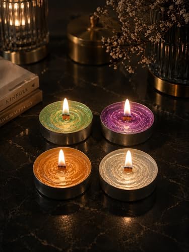 Alternative view of Sedefli Ahşap Fitil Tealight Mum Seti 20 Adet - Sandal Ağacı Kokulu, Yeşil, Sarı, Mor, Gri Renkli