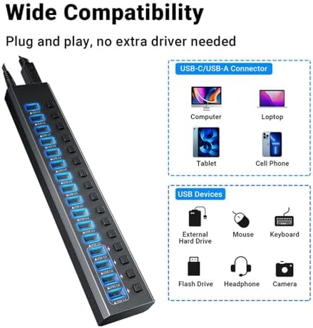 Alternative view of Profesyonel USB Hub 16 Portlu USB 3.0 Type-C 5Gbps Hızlı Şarj Bireysel Açma Kapama Anahtarları 12V DC 7.5A Güç Adaptörü Telefon Şarj Dizüstü Bilgisayar Mobil HDD Flash Sürücü Port16