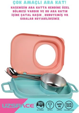 Alternative view of 1100ml Lunchbox Tek Katlı 3 Bölmeli Kaseli Çelik Sefer Tası Yemek Kutusu (Turuncu-Turkuaz)