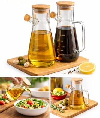 Cam Yağlık Şişe Seti Ahşap Kapaklı, Damlatmaz Akıtma Uçlu Cam Sirkelik ve Zeytinyağı Şişesi, Ölçü İşaretli Mutfak Yağ Dispenseri, Salata Sosu Dökme Sürahisi, Sızdırmaz Kapaklı