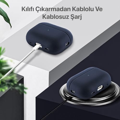 Airpods Pro 3 ile Uyumlu Leather Skin Parmak izi Tutmayan ve Çizilmeyen Dış Yüzeye Sahip Mükemmel Koruma Sağlayan Orta Sertlikte Silikon Kılıf (Lacivert, Airpods Pro 3. Nesil 2025) - Görsel 2