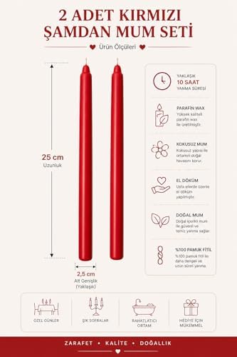 Alternative view of 2’li Kırmızı Şamdan Mum Seti 25 cm – Dekoratif İnce Şamdan Mum, Kokusuz Parafin Wax,%100 Pamuk Fitil, El Döküm, Uzun Süre Yanma (~10 Saat), Şık Sofra, Davet, Nişan, Düğün ve Ev Dekorasyonu