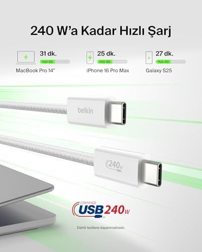 2'li Örgülü USB-C - USB-C Kablo, 1,5 m, 240 W, Yumuşak, Esnek ve Hızlı Şarj Kablosu, iPhone 16 ve 15 Serisi, Galaxy S25, Pixel 9, iPad Pro ve Daha Fazlasıyla Uyumlu, Siyah