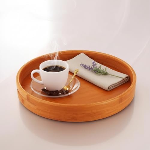 Alternative view of Taşıma Kulplu Yuvarlak Bambu Tepsi (30 cm) | Doğal Ahşap Servis Tepsisi | Kahve, Kahvaltı ve Dekoratif Masaüstü Organizeri