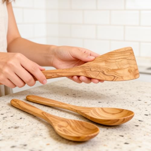 Alternative view of El Yapımı Zeytin Ağacı Mutfak Seti – 3 Parça Doğal Ahşap Kaşık ve Spatula Seti | 30 cm
