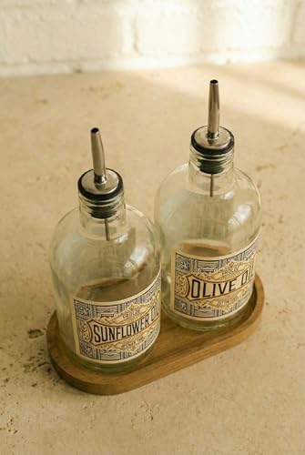 2'li Ahşap Stantlı ÇelikTıpalı 750 ml Cam Ayçiçek Yağı Zeytinyağı Şişesi Yağdanlık Vintage (AT) (FROLDEAT)