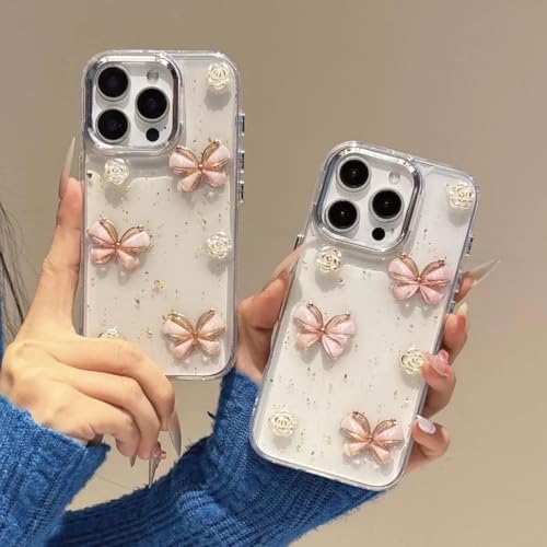 3D Pembe Kelebekli Çiçekli Şeffaf Simli iPhone 15 Pro Max Uyumlu Kılıf – Kamera Korumalı, Darbe Emici Silikon - Görsel 3