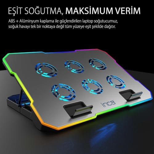 INC-618GMS 6 Fanlı RGB Laptop Soğutucu Stand 9-17” | 2400 RPM 10 LED Mod 5 Kademe Yükseklik Ayarlı