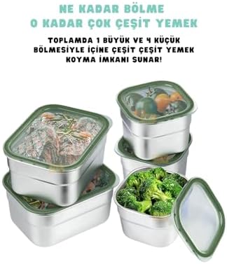 1000ml Lunchbox Tek Katlı 5 Bölmeli Çelik Sefer Tası Yemek Kutusu (Koyu Yeşil) - Görsel 3