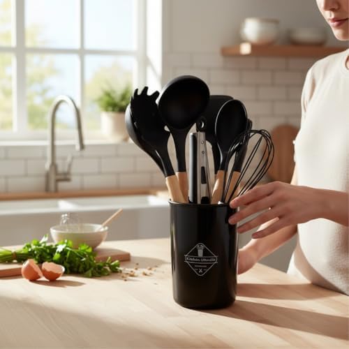 8 Parça Premium Mutfak Seti, Ahşap Saplı ve Silikon Uçlu, Siyah, Kepçe, Spatula, Çırpıcı, Fırça, Maşa Dahil - Görsel 3