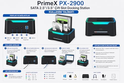PX-2900 SATA 2.5/3.5 İnç HDD SSD Docking Station, USB 3.0 Çift Slot Harici Disk Okuyucu, RGB Işıklı Offline Clone Klonlama Özellikli SATA Disk Kopyalama ve Veri Aktarım İstasyonu