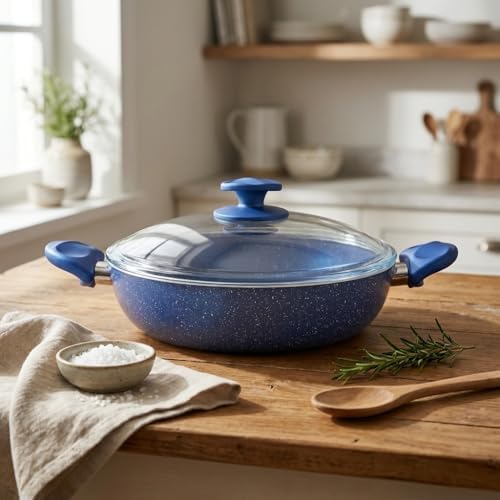 Argos 26 cm Karnıyarık Tenceresi - Mavi Kırçıl Granit Efektli Yanmaz Yapışmaz Cam Kapaklı Sığ Tencere - Görsel 3