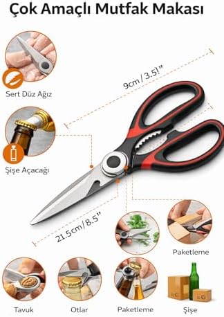 Çok Amaçlı Mutfak Makası, Paslanmaz Çelik Bıçak, Entegre Ceviz Kırıcı ve Şişe Açacağı, Kaymaz Ergonomik Sap, Tavuk, Et, Sebze ve Ambalaj Kesimi İçin