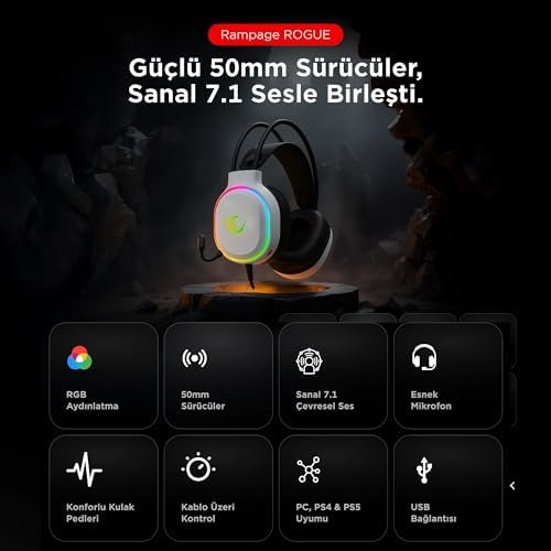 ROGUE Beyaz USB RGB Ledli Gaming Oyuncu Mikrofonlu Kulaklık