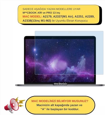 MacBook Air M1 ve MacBook Pro M1-M2 13 inç Uyumlu Şeffaf Anti BlueRay Ekran Koruyucu Göz Yormayan Touch Bar Touch ID Şeffaf