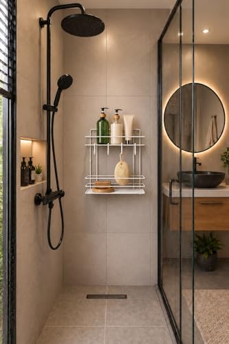 Beyaz Yapışkanlı Duş Rafı 2 Katlı Banyo Organizeri Şampuanlık
