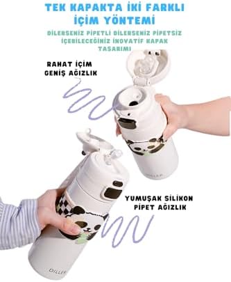 Diller 480ml Sevimli Hayvanlar Süslü Pipetli/Pipetsiz El Askılı Paslanmaz Çelik Termos (Panda) - Görsel 3
