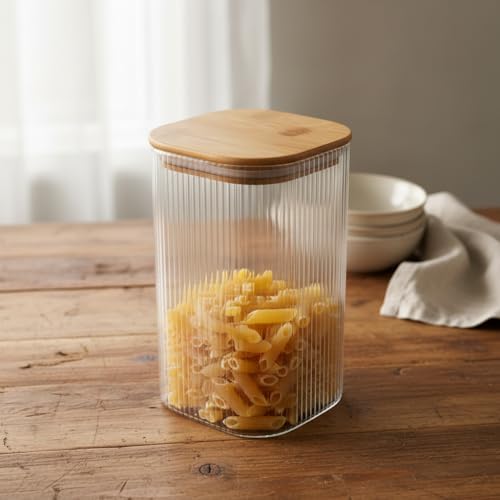 10x20 cm Bambu Kapaklı Kare Cam Saklama Kavanozu - Vakumlu Ekstra Uzun Boy Şeffaf Erzak Kabı Spagetti Makarna Bakliyat Kutusu ve Mutfak Düzenleyici Organizatör - Görsel 2