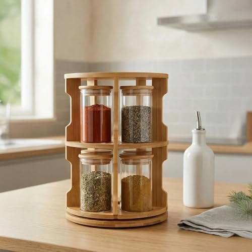 Doğal Bambu 360° Döner Standlı 10'lu Cam Baharatlık Seti - Büyük Boy (250 ml) Ahşap Kapaklı Baharat Takımı - Görsel 3