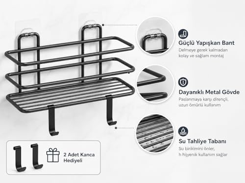 Alternative view of Siyah Yapışkanlı Banyo Rafı, 2 Kancalı Duvar Tipi Banyo Organizer, Şampuanlık ve Aksesuar Rafı, Delmeden Kolay Kurulumlu Metal Banyo Düzenleyici