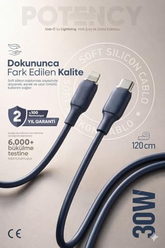 30W Potency Type-C to Lightning ile Uyumlu Isıya Dayanıklı Hızlı Şarj ve Data Kablosu 1.2m Siyah - Görsel 3