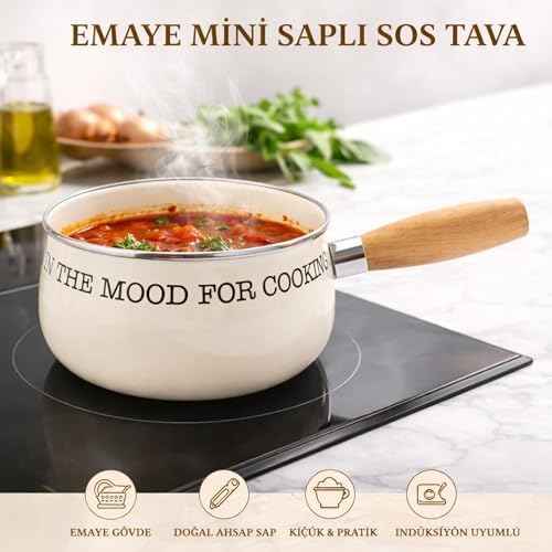 Emaye Mini Saplı Sos Tavası – “IN THE MOOD FOR ING” Yazılı, Krem Renk, Doğal Ahşap Saplı, İndüksiyon Uyumlu Küçük Süt ve Sos Tenceresi - Görsel 3